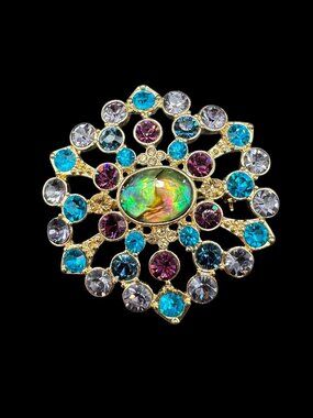 Brooch Gold Tone Multicolour Blues & Purple Stones Round Abalone Centre